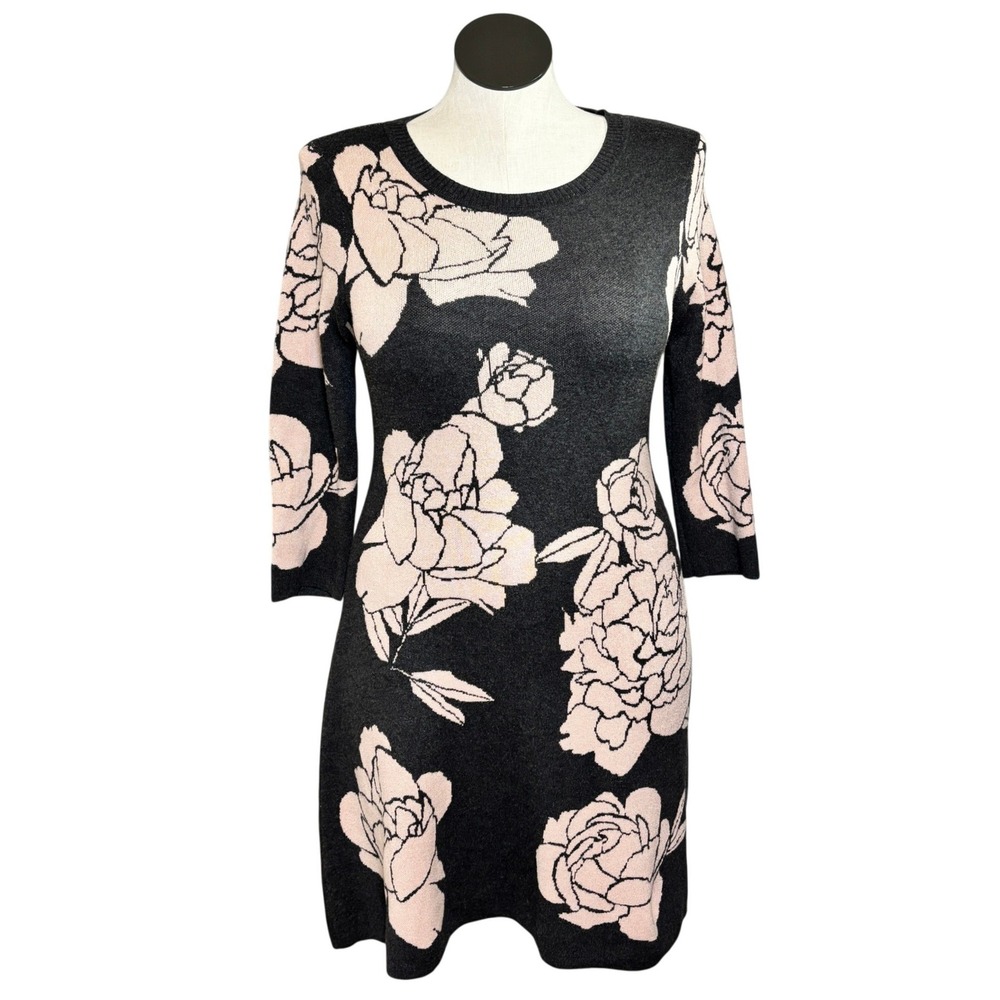 Calvin Klein Black Pink Floral Peony Knit 3/4 Sleeve Sweater Dress Medium